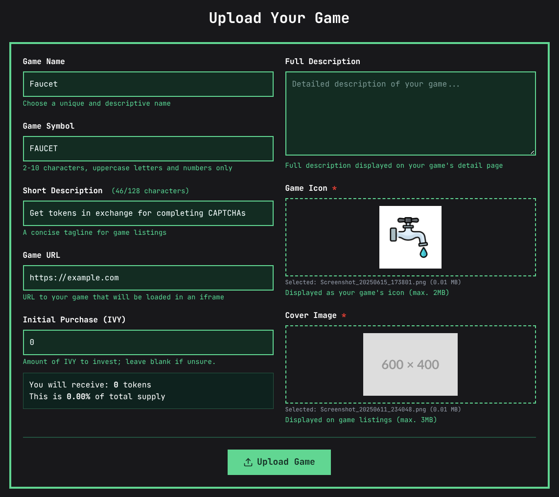 Faucet upload game screen